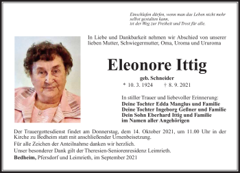 Traueranzeige von Eleonore Ittig von Südthüringer Presse