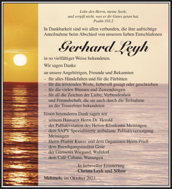 Traueranzeige von Gerhard Leyh von Südthüringer Presse