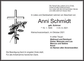 Traueranzeige von Anni Schmidt von Frankenpost