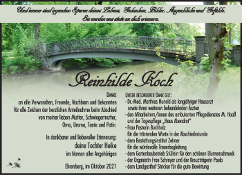 Traueranzeige von Reinhilde Koch von Südthüringer Presse