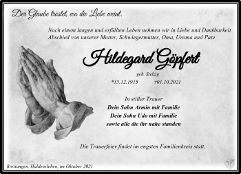 Traueranzeige von Hildegard Göpfert von Südthüringer Presse