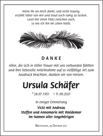 Traueranzeige von Ursula Schäfer von Südthüringer Presse