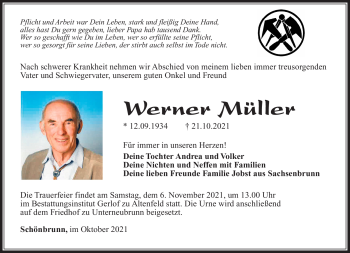 Traueranzeige von Werner Müller von Südthüringer Presse