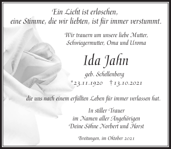 Traueranzeige von Ida Jahn von Südthüringer Presse