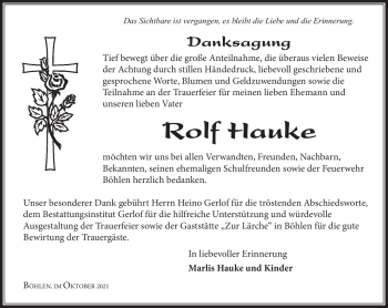 Traueranzeige von Rolf Hauke von Südthüringer Presse
