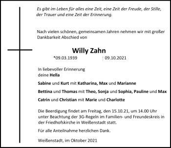 Traueranzeige von Willy Zahn von Frankenpost