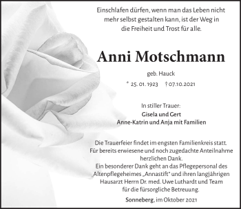 Traueranzeige von Anni Motschmann von Südthüringer Presse