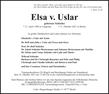 Traueranzeige von Elsa v. Uslar von Neue Presse Coburg