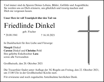 Traueranzeige von Friedlinde Dinkel von Neue Presse Coburg