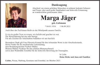 Traueranzeige von Marga Jäger von Südthüringer Presse