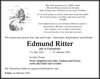 Traueranzeige von Edmund Ritter von Südthüringer Presse