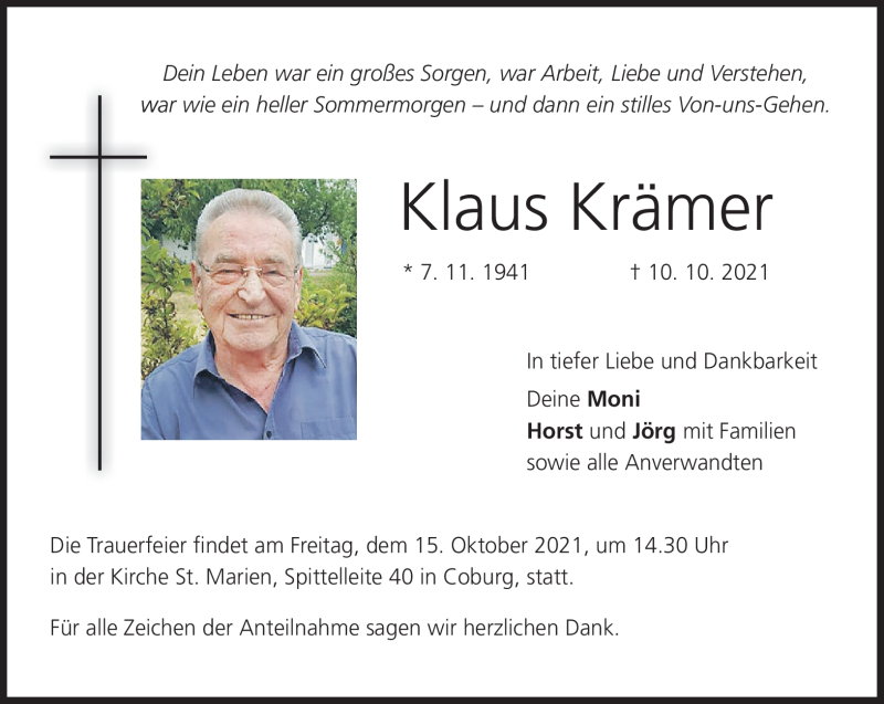  Traueranzeige für Klaus Krämer vom 13.10.2021 aus Neue Presse Coburg