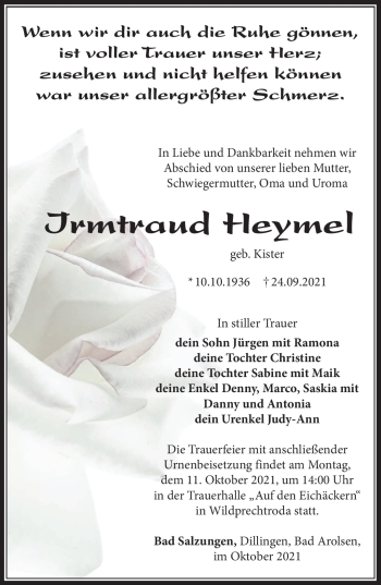 Traueranzeige von Irmtraud Heymel von Südthüringer Presse