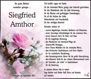 Traueranzeige von Siegfried Amthor von Südthüringer Presse