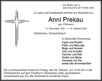 Traueranzeige von Anni Prekau von Frankenpost