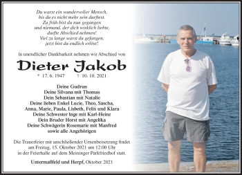 Traueranzeige von Dieter Jakob von Südthüringer Presse