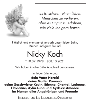 Traueranzeige von Nicky Koch von Südthüringer Presse