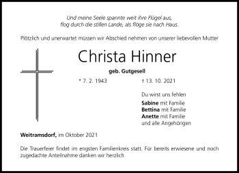 Traueranzeige von Christa Hinner von Neue Presse Coburg