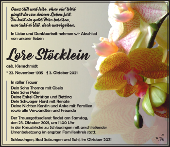 Traueranzeige von Lore Stöcklein von Südthüringer Presse