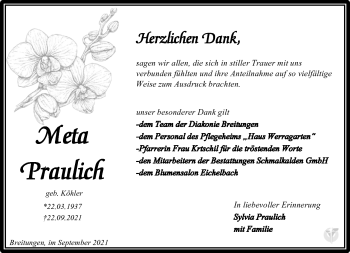 Traueranzeige von Meta Praulich von Südthüringer Presse
