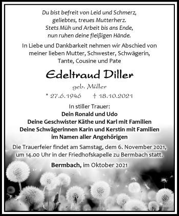 Traueranzeige von Edeltraud Diller von Südthüringer Presse
