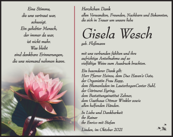 Traueranzeige von Gisela Wesch von Südthüringer Presse