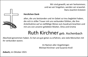 Traueranzeige von Ruth Kirchner von Südthüringer Presse