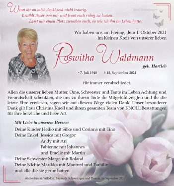Traueranzeige von Roswitha Waldmann von Südthüringer Presse