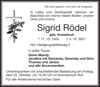 Traueranzeige von Sigrid Rödel von Frankenpost