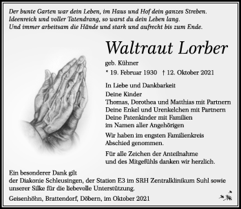 Traueranzeige von Waltraut Lorber von Südthüringer Presse