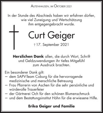 Traueranzeige von Curt Geiger von Neue Presse Coburg