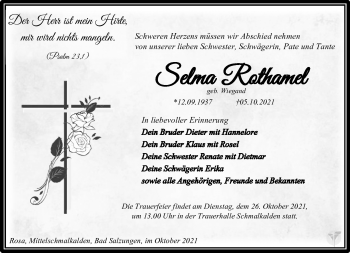 Traueranzeige von Selma Rothamel von Südthüringer Presse