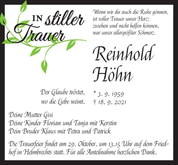 Traueranzeige von Reinhold Höhn von Frankenpost