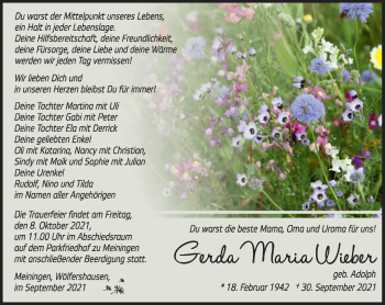 Traueranzeige von Gerda Maria Wieber von Südthüringer Presse