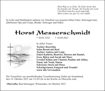 Traueranzeige von Horst Messerschmidt von Südthüringer Presse