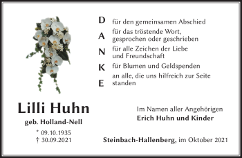Traueranzeige von Lilli Huhn von Südthüringer Presse