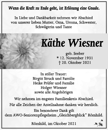Traueranzeige von Käthe Wiesner von Südthüringer Presse