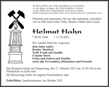 Traueranzeige von Helmut Hahn von Südthüringer Presse