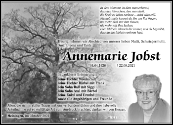 Traueranzeige von Annemarie Jobst von Südthüringer Presse