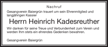 Traueranzeige von Heinrich Kadesreuther von Frankenpost