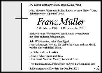 Traueranzeige von Franz Müller von Südthüringer Presse