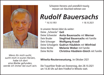 Traueranzeige von Rudolf Bauersachs von Neue Presse Coburg