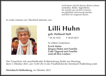 Traueranzeige von Lilli Huhn von Südthüringer Presse