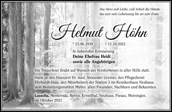 Traueranzeige von Helmut Höhn von Südthüringer Presse