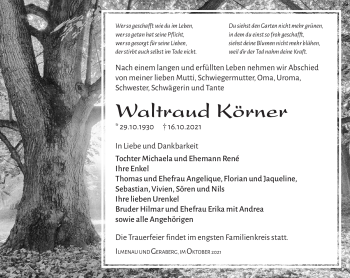 Traueranzeige von Waltraud Körner von Südthüringer Presse