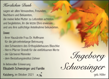 Traueranzeige von Ingeborg Schwesinger von Südthüringer Presse