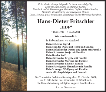 Traueranzeige von Hans-Dieter Fritschler von Südthüringer Presse