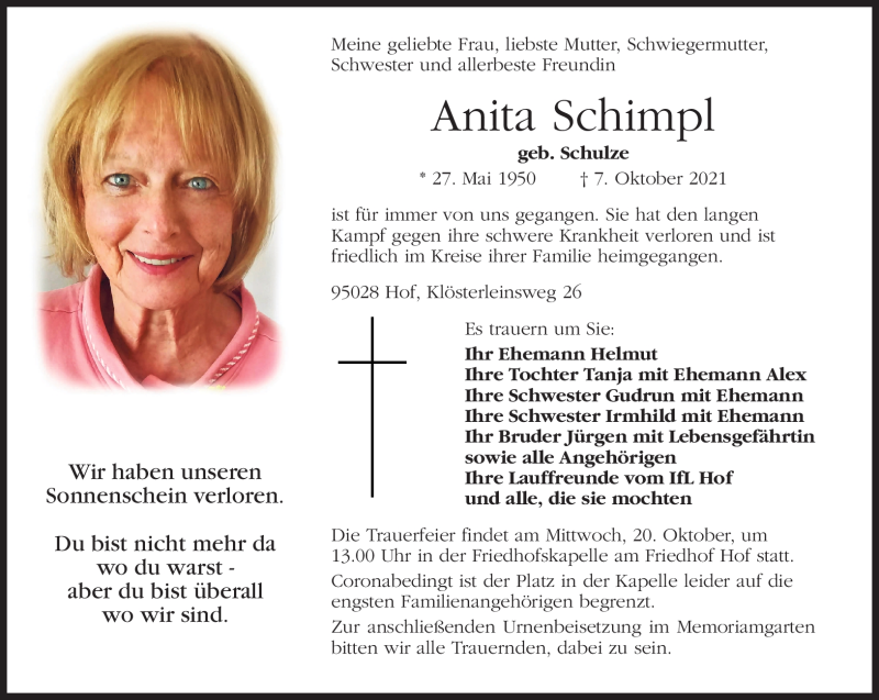  Traueranzeige für Anita Schimpl vom 16.10.2021 aus Frankenpost