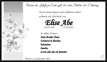 Traueranzeige von Elise Abe von Südthüringer Presse