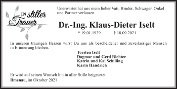Traueranzeige von Klaus-Dieter Iselt von Südthüringer Presse